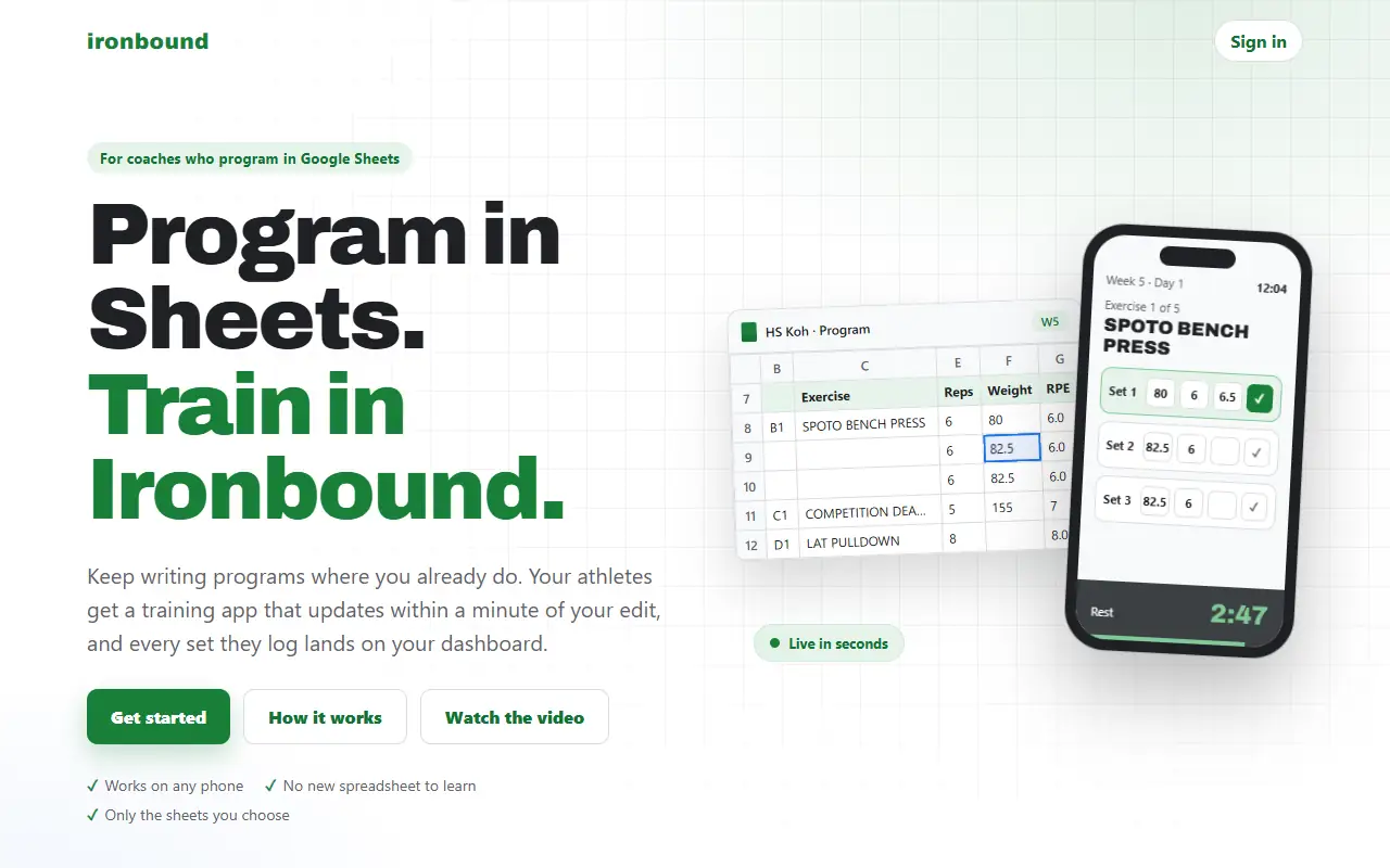 Homepage of Ironbound, showing a Google Sheets training program next to the same workout in the athlete’s phone app