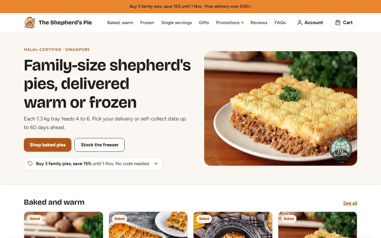 Homepage of The Shepherd’s Pie online shop, offering family-size shepherd’s pies delivered warm or frozen
